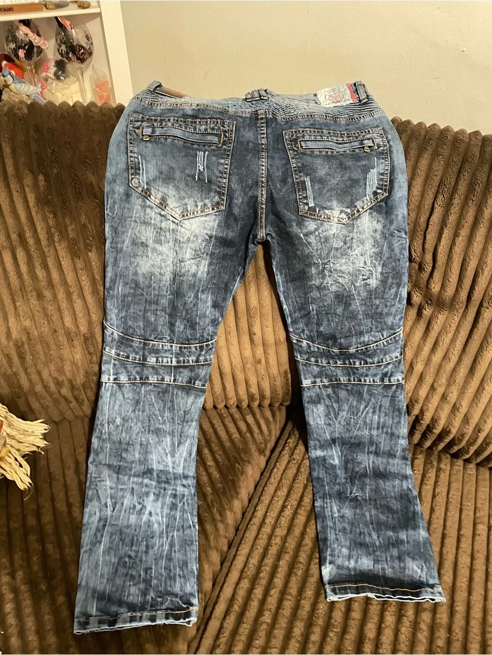 Men’s Blue Washed Flared Moto Jeans